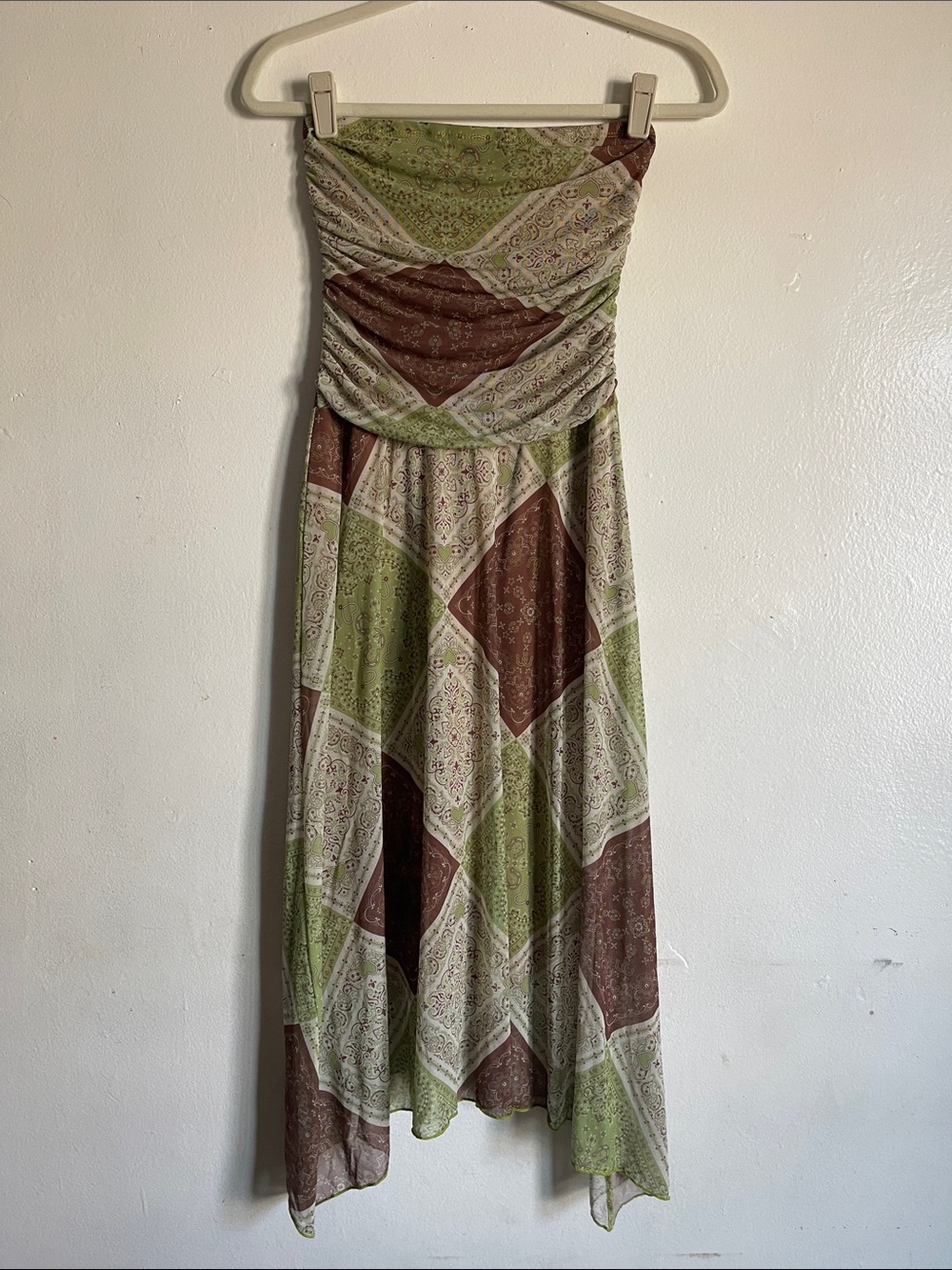 Strapless Fairy Boho Green Brown Handkerchief Hem Paisley Patchwork Dress Size M